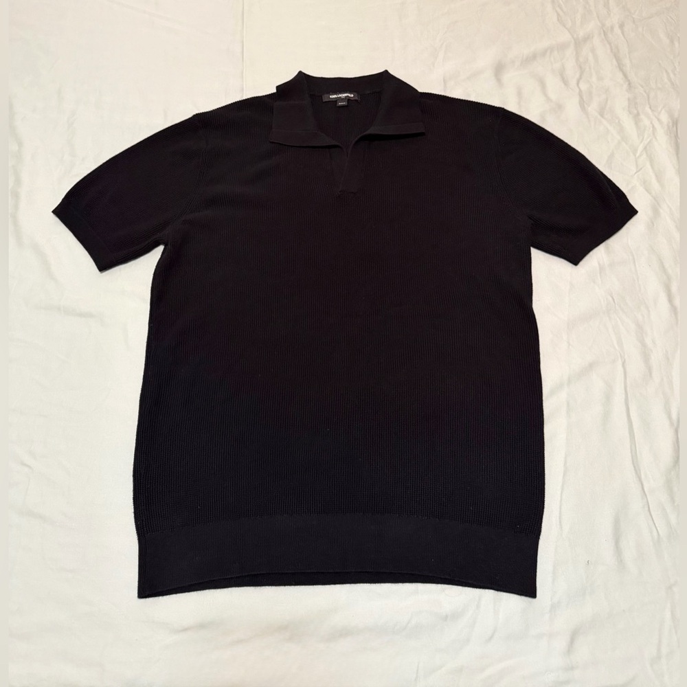 Karl Lagerfeld Paris Black Textured Open Collar Polo Shirt Men’s M Used